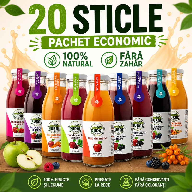 RURAL Mix 20 Sticle – Sucuri 100% Naturale din Fructe, Fără Zahăr, Pachet Economic