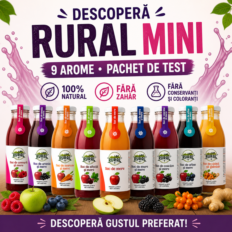 RURAL Mini – 9 Sucuri Naturale Diferite, 100% Fructe, Fără Zahăr, Pachet de Test
