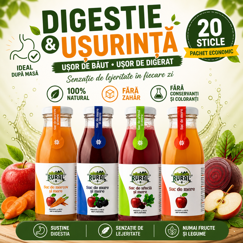 RURAL Digestie & Ușurință – 20 Sucuri Naturale pentru Digestie Ușoară, 100% Fructe, Fără Zahăr