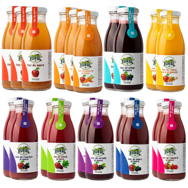 RURAL Mix 20 Sticle – Sucuri 100% Naturale din Fructe, Fără Zahăr, Pachet Economic